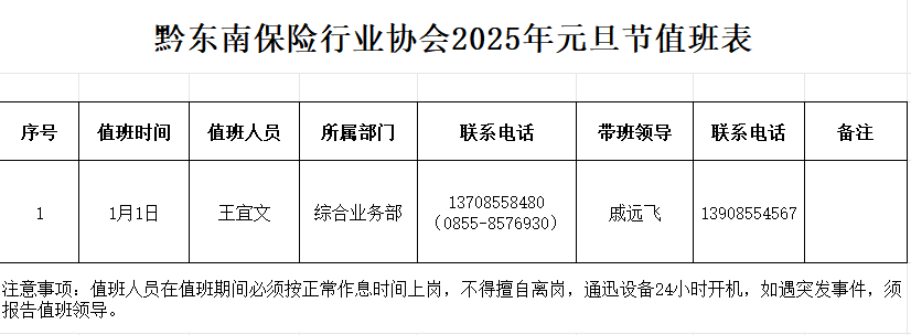 黔东南州保险行业协会2025年元旦节值班表