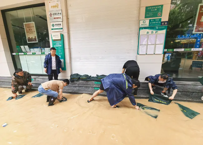图为：农行榕江支行布放防汛沙袋11.png